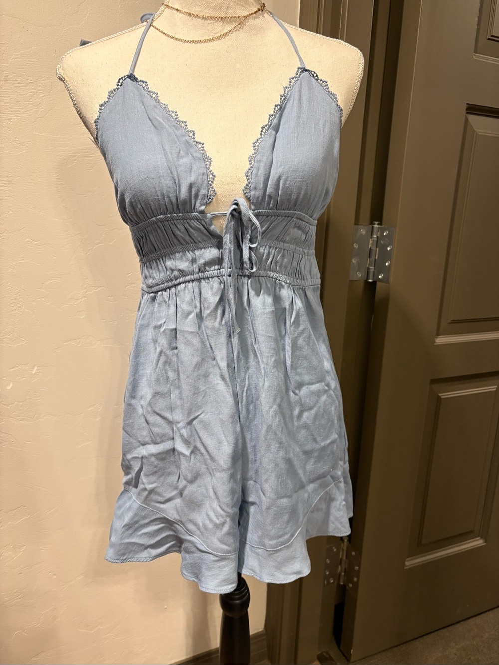 Love Tree Light Blue Lace-Trim Halter Chemise